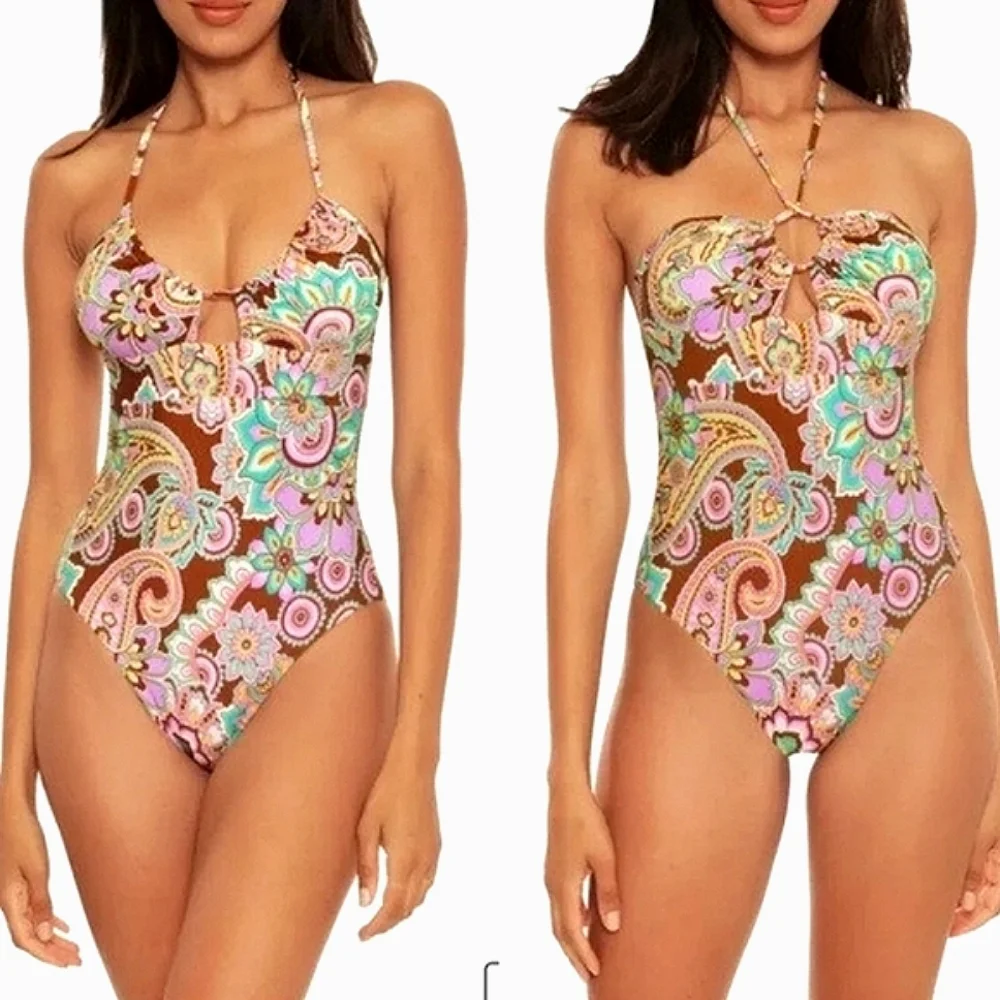 BECCA CANDACE GROOVY FLORAL PAISLEY‎ ONE PIECE SWIMSUIT L